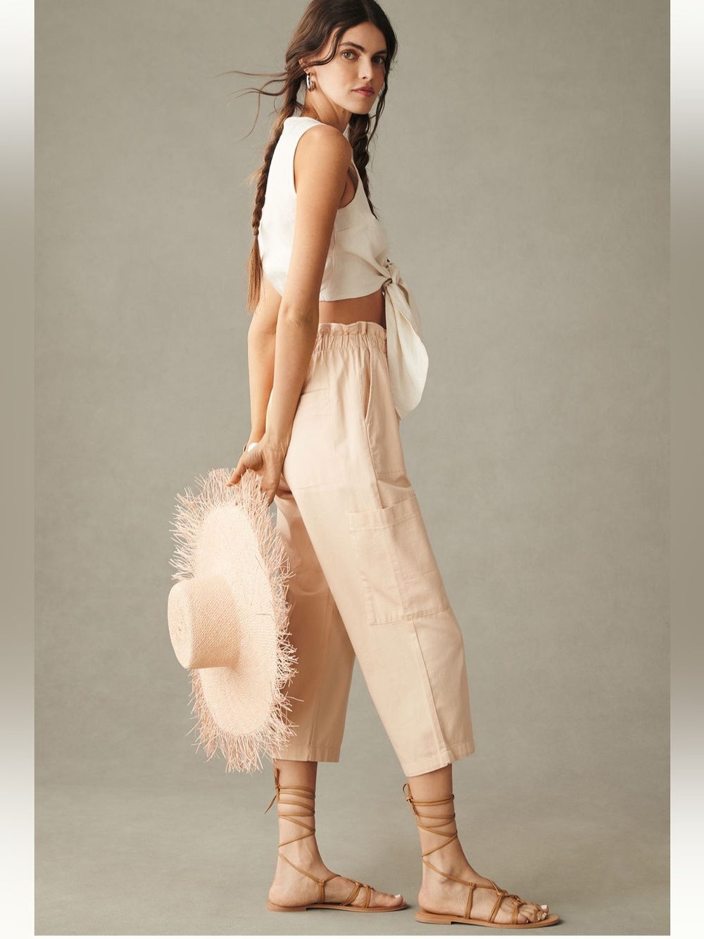 Anthropologie Cropped Wide-Leg Cargo Pants in Soft Peach